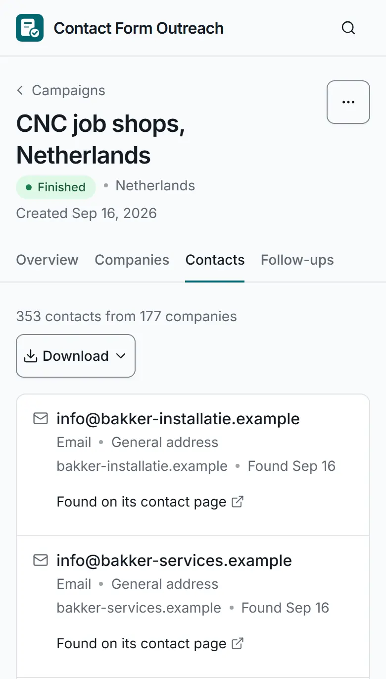 The Contacts tab of a campaign on a phone, with sample data: 353 contacts from 177 companies, a Download button, and each email address with its type, its company and the contact page it was found on.
