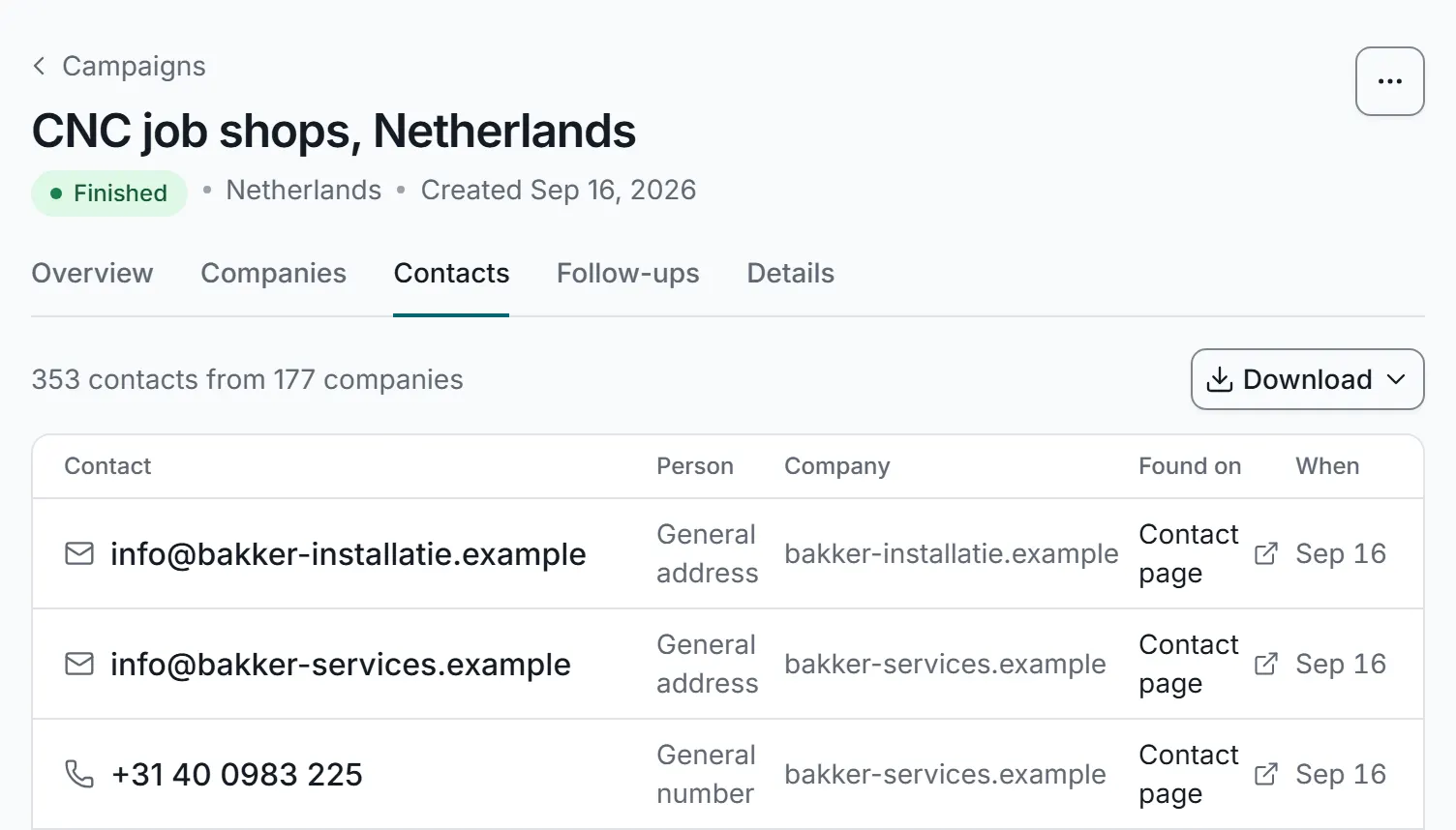 The Contacts tab of a campaign: 353 contacts from 177 companies, each email address or phone number with its type, person, company and the page it was found on.