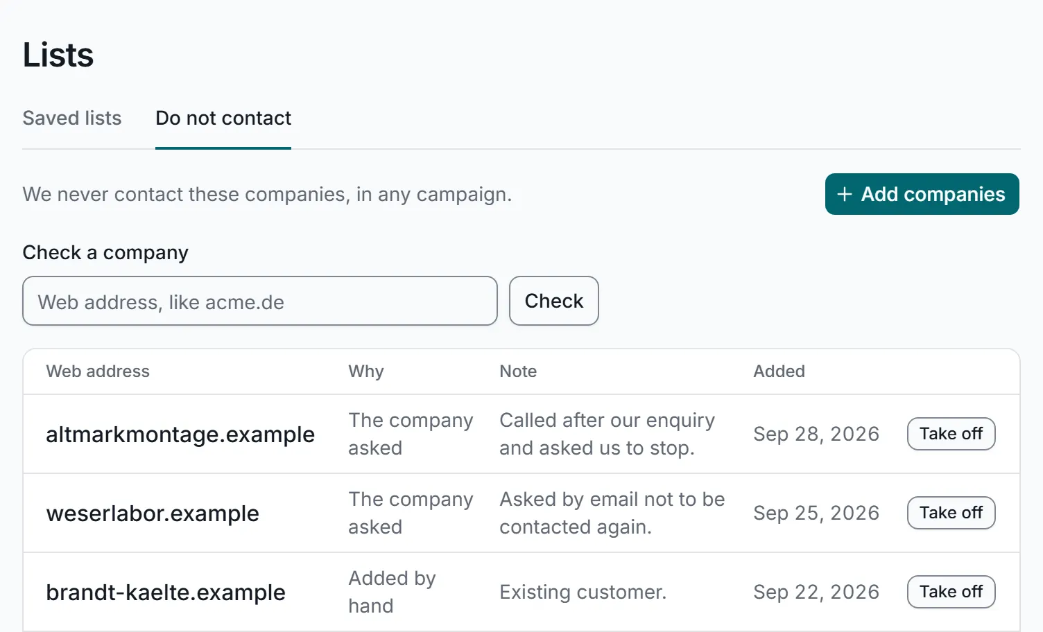 The do-not-contact list, with sample data: a box to check a company, a button to add companies, and each listed company's web address, why it is on the list, such as the company asked or added by hand, a note and the date it was added.