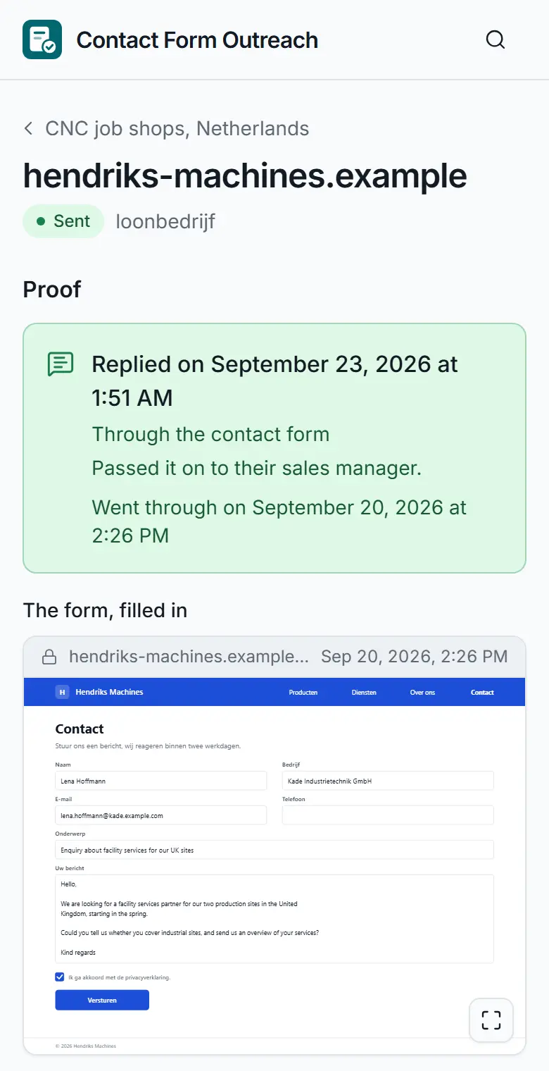 The proof page for hendriks-machines.example on a phone, with sample data: sent, a reply through the contact form on September 23, delivered on September 20, and a picture of the contact form filled in.