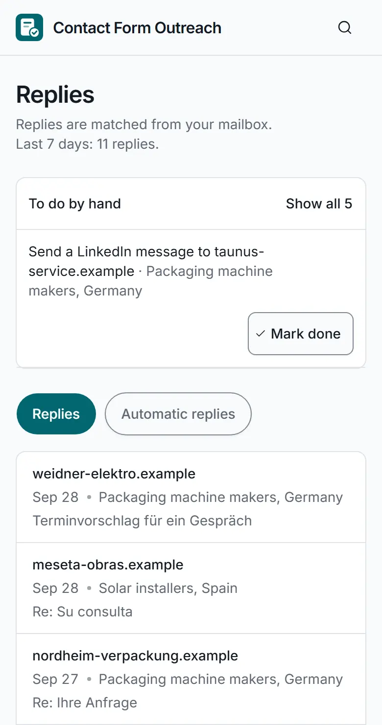 The Replies screen on a phone, with sample data: follow-ups to do by hand, each with a Mark done button, filters for automatic replies and mail that came back, and the latest replies with company, date and campaign.