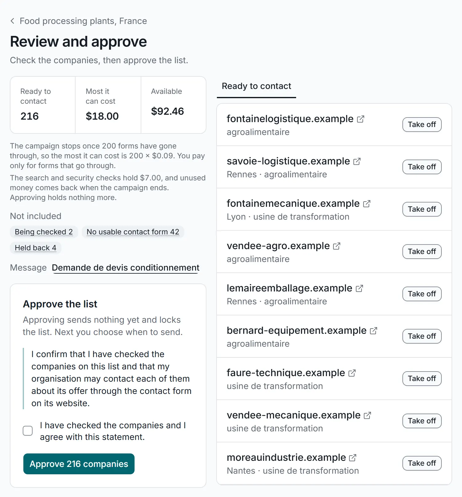 Approving a campaign's list, with sample data: 216 companies ready to contact, at most $18.00, the companies left out and why, and the Approve the list card: approving sends nothing yet and locks the list, a statement to confirm with a box to tick, and the button that approves 216 companies.